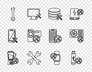 Poster - Set line Blender service, USB flash drive, Database server, Crossed wrenchs, Wrench, Video camera, Smartwatch and Air conditioner icon. Vector