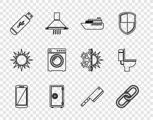 Poster - Set line Smartphone, mobile phone, Chain link, Ship, Safe, USB flash drive, Washer, Meat chopper and Toilet bowl icon. Vector