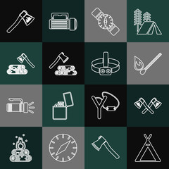 Wall Mural - Set line Tourist tent, Crossed wooden axe, Burning match with fire, Compass, Wooden and, and Head flashlight icon. Vector