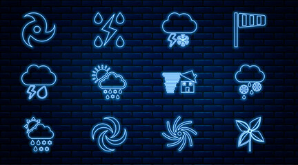 Wall Mural - Set line Pinwheel, Cloud with snow and rain, lightning, snow, sun, Tornado, swirl and Storm icon. Vector