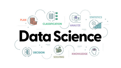 Wall Mural - data science banner concept has 7 steps to analyze such as big data, classification, analyze, statis
