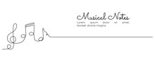 One Continuous Line Drawing Of Musical Notes. Minimalist Web Banner And Logo Of Music School Or Choir Concert In Simple Linear Style. Editable Stroke. Doodle Vector Illustration