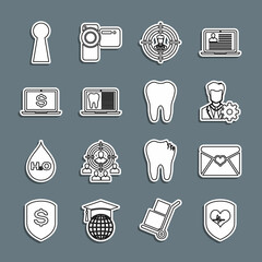 Canvas Print - Set line Shield and heart rate, Envelope with Valentine, Profile settings, Head hunting, Laptop dental card, dollar, Keyhole and Tooth icon. Vector