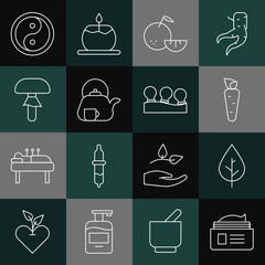 Sticker - Set line Ointment cream tube, Leaf, Carrot, Citrus fruit, Teapot with cup, Mushroom, Yin Yang and Vacuum cans icon. Vector