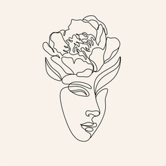Wall Mural - Flower Surreal Faces Continuous line, drawing of faces and hairstyles set, fashion concept, minimalist female beauty, vector illustration pretty sexy. Modern portrait. Illustration of an abstract face