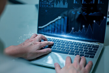 concept data science analytics business intelligence or bi, businessman using laptop computer,market