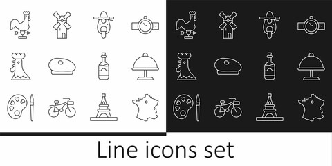 Poster - Set line Map of France, Covered with tray, Scooter, French beret, rooster, Rooster weather vane, Bottles wine and Windmill icon. Vector