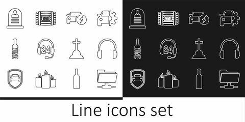 Wall Mural - Set line FTP folder, Headphones, Electric car, for support, Bottle of wine, Tombstone with RIP written, cross and Wooden barrel icon. Vector