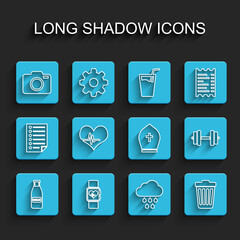 Sticker - Set line Glass bottle milk and cap, Smart watch heart beat rate, Photo camera, Cloud with rain, Trash can, Heart, Dumbbell and Pope hat icon. Vector