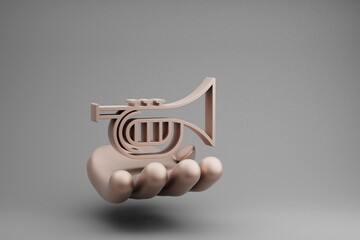 Poster - Beautiful abstract illustrations Golden Hand Holding musical Inclined Saxofon symbol icon on a gray background. 3d rendering illustration. Background pattern for design.