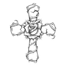 Stone Cross And Rose Tattoo