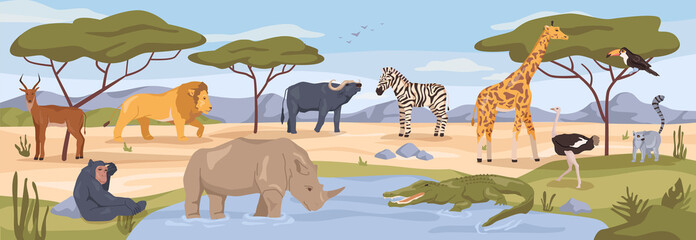 Wildlife park of Africa, zoo garden or menagerie, nature reserve for animals living in African savannah. Lion and zebra, buffalo and giraffe. Flat cartoon, vector illustration