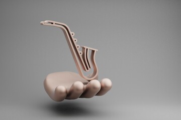 Poster - Beautiful abstract illustrations Golden Hand Holding musical Inclined Saxofon symbol icon on a gray background. 3d rendering illustration. Background pattern for design.