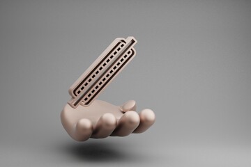 Poster - Beautiful abstract illustrations Golden Hand Holding musical One Harmonica symbol icon on a gray background. 3d rendering illustration. Background pattern for design.
