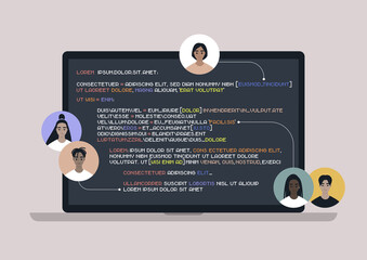 A collaborative code writing tool, diverse user avatars suggesting edits