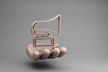 Poster - Beautiful abstract illustrations Golden Hand Holding musical Old Gramophone symbol icon on a gray background. 3d rendering illustration. Background pattern for design.