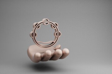 Poster - Beautiful abstract illustrations Golden Hand Holding musical Big Tambourine symbol icon on a gray background. 3d rendering illustration. Background pattern for design.