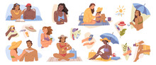Men And Women Using Sun Lotion, Applying Sunblock And Sunscreen With SPF. Protection From Rays And Harmful Impact Of Sunshine On Beach. Flat Cartoon Character, Vector Illustration