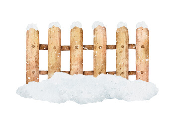 Watercolor winter snow-covered wooden fence isolated on white background.