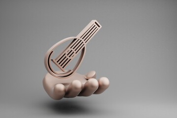 Poster - Beautiful abstract illustrations Golden Hand Holding musical Inclined Mandolin symbol icon on a gray background. 3d rendering illustration. Background pattern for design.