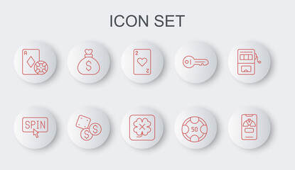 Set line Lucky wheel on phone, Slot machine spin button, Playing card with heart, Casino chips, and playing cards, Money bag, Game dice and slot icon. Vector