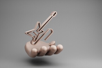 Poster - Beautiful abstract illustrations Golden Hand Holding musical Electric Guitar with Cable symbol icon on a gray background. 3d rendering illustration. Background pattern for design.