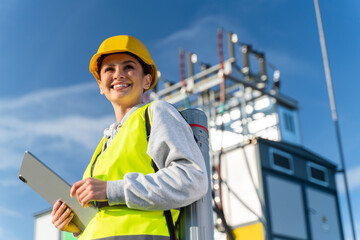 Farm solar technician. Woman looking away with pleasure smile while working with electronic tablet. Experienced worker concept