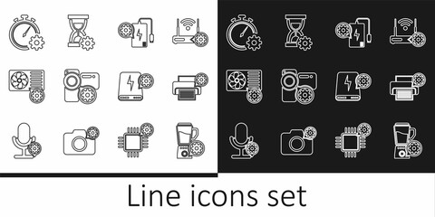 Sticker - Set line Blender with bowl setting, Printer, Power bank, Video camera, Air conditioner, Time management, and Hourglass icon. Vector