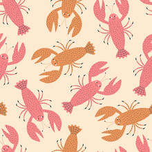 Funny Colorful Lobsters Hand Drawn Vector Illustration. Cute Crayfish In Flat Style Seamless Pattern For Kids Fabric Or Wallpaper.