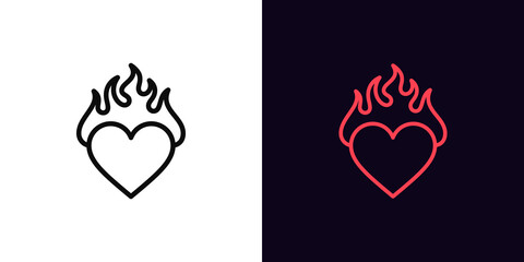 outline burning heart icon, with editable stroke. heart silhouette with fire, blazing love pictogram