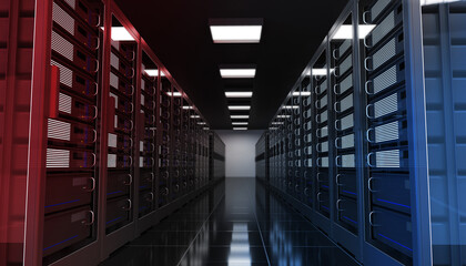 internet data center room with server and network device in rack cabinet, cloud data storage, comput