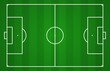 Football field. Top view of standard size soccer pitch with marking. Vector illustration of empty sport arena. Green grass background with marked penalty, goal area, corner, centre circle