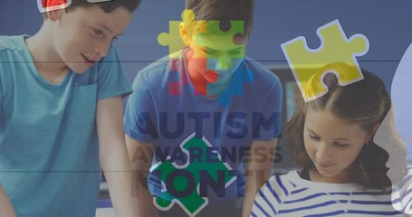 Wall Mural - Animation of puzzle over diverse schoolchildren