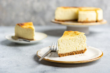 Cottage cheese casserole on shortbread on a white ceramic plate on a concrete light gray background. Portioned sliced cheesecake pie.