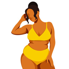 Vector Image On The Theme Of Summer Holidays. A Beautiful Curvy Happy Girl Stands On The Beach In A Yellow Bikini On The Beach Isolated On A White Background. Fatty Folds. Belly Rolls.