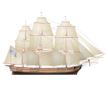 Frigate With Sails. Ship Model From Side View. Vector Illustration Isolated On White Background.