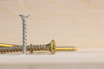 Wall Mural - screws on the wood macro shooting. Industrial background.