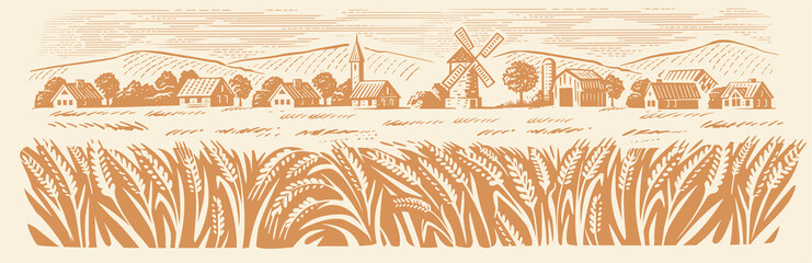 Wall Mural - Wheat Organic Farming landscape. Farm and Fields with Harvest