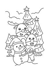 Wall Mural - snowman with deer cartoon cute coloring page for kids