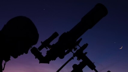 Wall Mural - silhouette of a man, telescope, stars, planets and shooting star under the night sky.