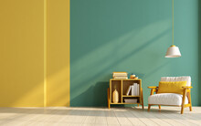 Mock Up Room In Modern Style With Armchair,cabinet On Yellow And Green Wall Background.3d Rendering
