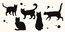 Set Of Vector Illustrations With Black Cats On A White Background For Stickers, Tattoos, Postcards, Etc.