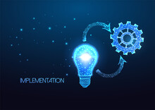 Concept Implementation With Lightbulb And Cogwheel, Gear And Cycle Arrows Dark Blue Background
