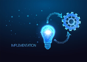 Wall Mural - concept implementation with lightbulb and cogwheel, gear and cycle arrows dark blue background