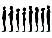 Business Men And Women Silhouette Waiting In Line, People In Side Standing View Vector Illustration