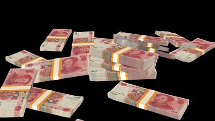 Many wads of money on black background. 100 Chinese Yuan banknotes. Stacks of money. Financial and business concept. 