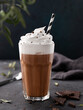 Hot chocolate with whipped cream and chocolate pieces in a tall glass on a dark background with a branch. Front view