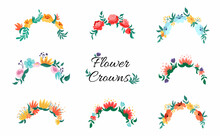 Flower Crown Wreaths Set. Summer Or  Spring Flowers Isolated On White Background For Headband Design Or For Wedding. Vector Cartoon Illustration