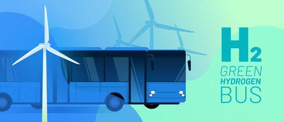 Wall Mural - green hydrogen bus vector illustration concept. alternative energy and fuel source. wind turbine, te