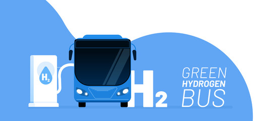 Wall Mural - hydrogen bus and energy refill vector illustration concept. big blue vehicle on the gas station, con